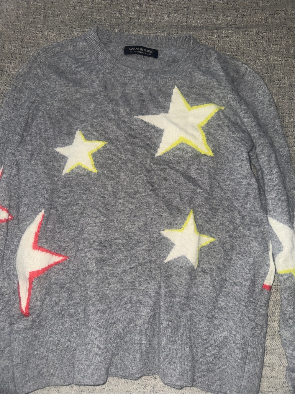 Banana Republic Gray Star Crewneck Sweater with Yellow & Pink Accents